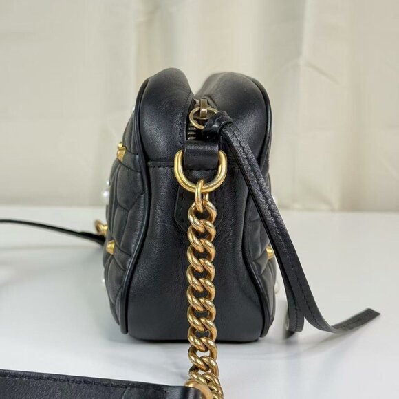 Gucci Black Leather Marmont Shoulder Bag Crossbody with Pearl Embellished - Picture 4 of 9